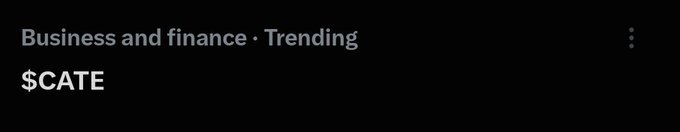 The image shows a dark-themed financial interface displaying the trending ticker **$CATE** under "Business and finance · Trending." The post questions why this stock symbol is currently trending, as highlighted by the headline category.
