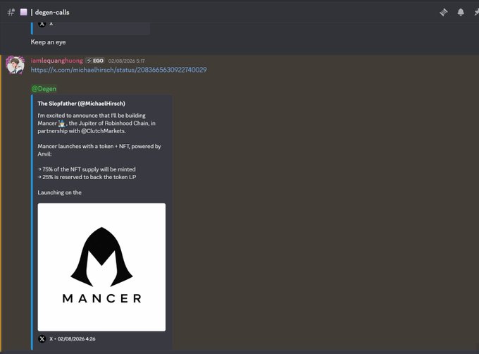 Screenshot of a Discord channel ('#degen-calls') where user iamlequangduong shares a post announcing that 'The Stopfathers' is building 'Mancer', the Jupiter of Robinhood Chain, launching with a token + NFT powered by Anvil.