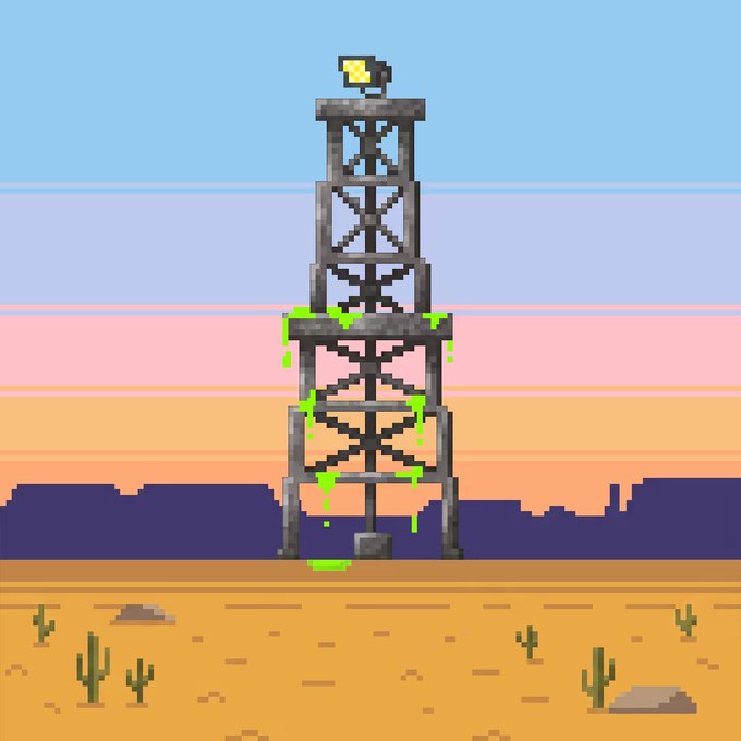A pixel art image of a tall metal tower structure in a desert landscape with cacti and mountains under a sunset sky.