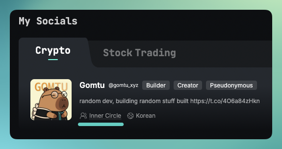 The image shows a social media profile page for a user named @KaitoAI. The profile has a green background, white text, and a cartoon character of a bear wearing glasses. The profile also features a Twitter account with a post about cryptocurrency trading. The post includes information about the Inner Circle and mentions the importance of consistency and authenticity in their content creation process.
