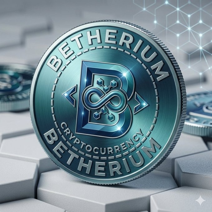3D-rendered close-up of a shiny metallic blue 'BETHERIUM CRYPTOCURRENCY' coin resting on a white keyboard, featuring an infinity-style logo and B-themed emblem.