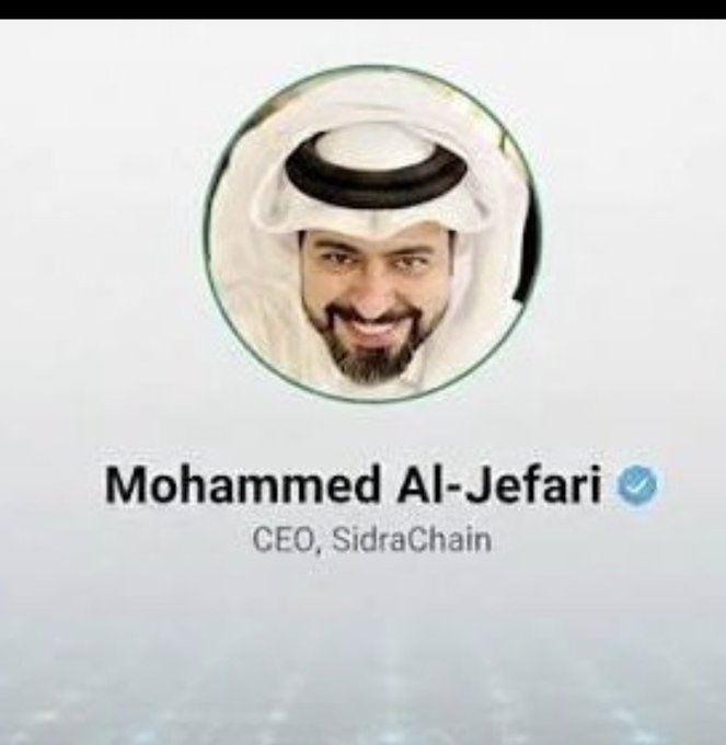 A profile card displays a man wearing traditional Gulf attire with the name "Mohammed Al-Jefari" and title "CEO, SidraChain" alongside a blue verification checkmark. The image serves as an introduction to the CEO behind the upcoming "SidraStart" countdown event mentioned in the post, confirming his involvement in the September 1st announcement for SidraChain.