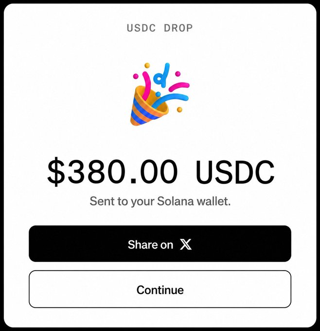 A confirmation screen displays a "USDC DROP" of $380.00 USDC sent to a Solana wallet, featuring a party popper graphic and buttons to "Share on X" or "Continue." The image appears to illustrate a promotional post about a MoonPay airdrop, visually representing the type of token reward users could receive by following the guide.