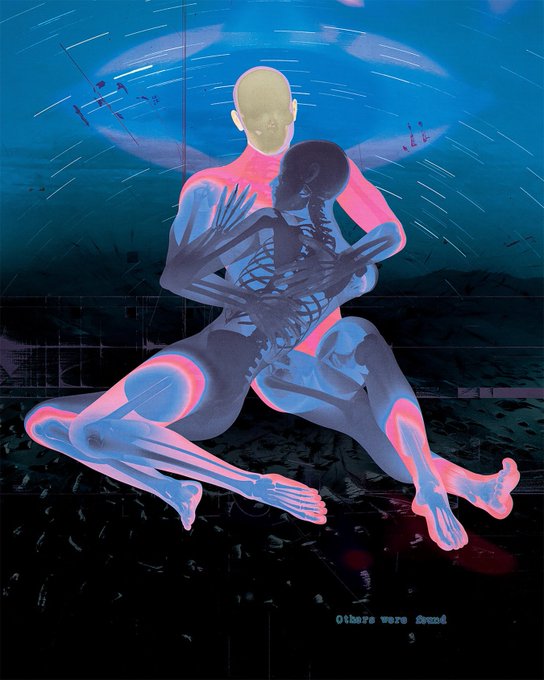 A surreal digital illustration of two translucent skeletal figures embracing under a starry sky, with the text 'Others were found' at the bottom.