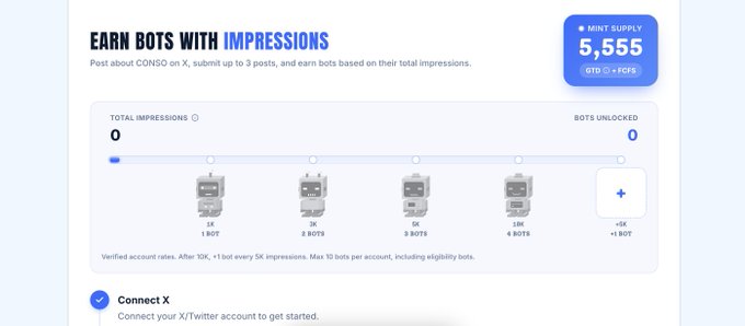 A webpage titled "EARN BOTS WITH IMPRESSIONS" showing a progression system where users can earn up to 5 bots based on X/Twitter impressions, with a mint supply of 5,555.