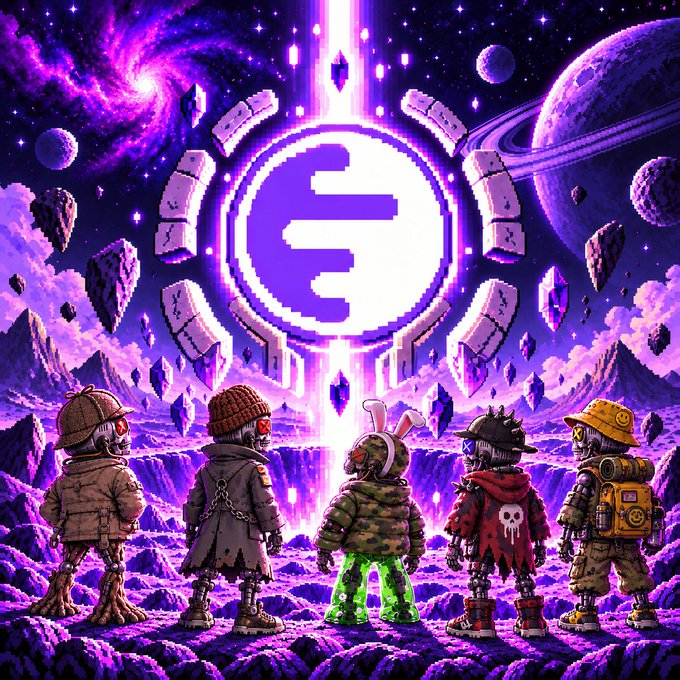 A pixel-art style image depicts five robotic and skeletal characters in colorful outfits (including one with bunny ears and another with a skull scarf) gazing up at a glowing purple "S" emblem surrounded by stone ruins, floating crystals, and planets in a cosmic purple landscape, representing the INK SIGIL × RobinWifHat collaboration offering a free mint to the WIF Outlaws community.