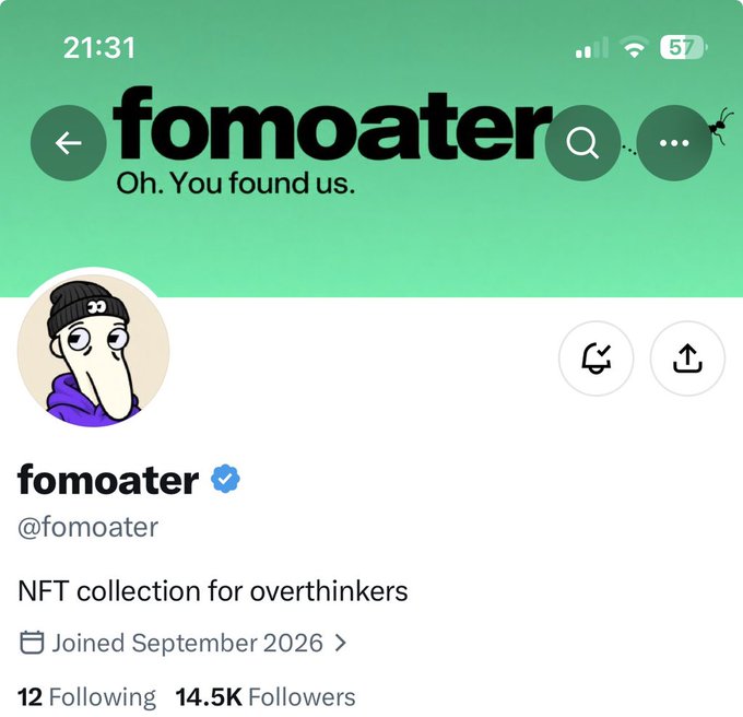 A Twitter/X profile page for @fomoater, displaying the tagline 'Oh. You found us.', 'NFT collection for overthinkers', a cartoon avatar of a beanie-wearing figure, and 14.5K followers.