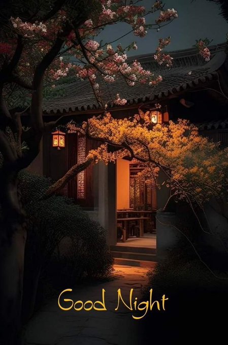 A serene nighttime scene of a traditional Asian-style building illuminated by warm lantern light, framed by blooming cherry blossoms, with the text "Good Night" displayed in golden script at the bottom, perfectly complementing the post's peaceful farewell to the $RIVER Builders community wishing them sweet dreams until tomorrow.