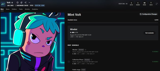 A website for 'Mint Volt' NFT project featuring a teal-haired character with headphones, showing a mint schedule with dates for Wirelist (August 25), Collection Phase (August 31), and Public stage (Public).