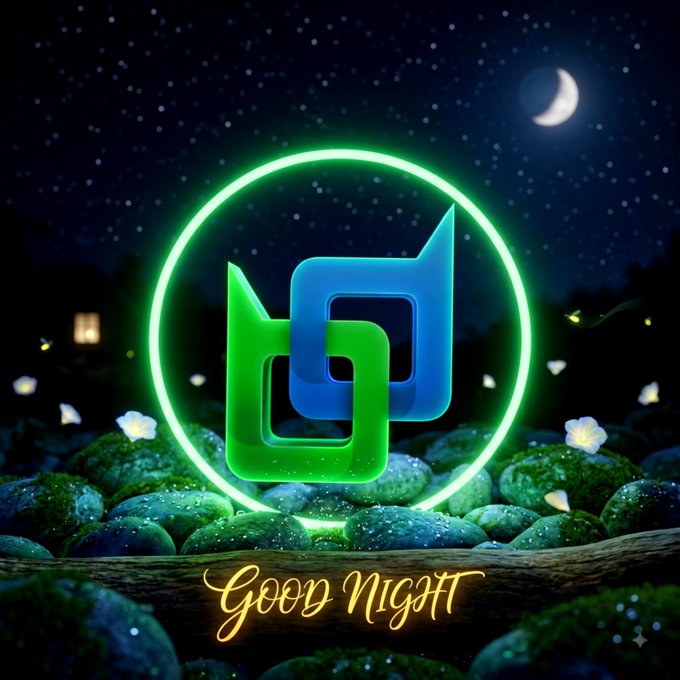 A digital illustration of a glowing green and blue HP logo encircled in neon green, set against a night sky background with a crescent moon, stars, and flowers, with the golden text 'Good Night' below.