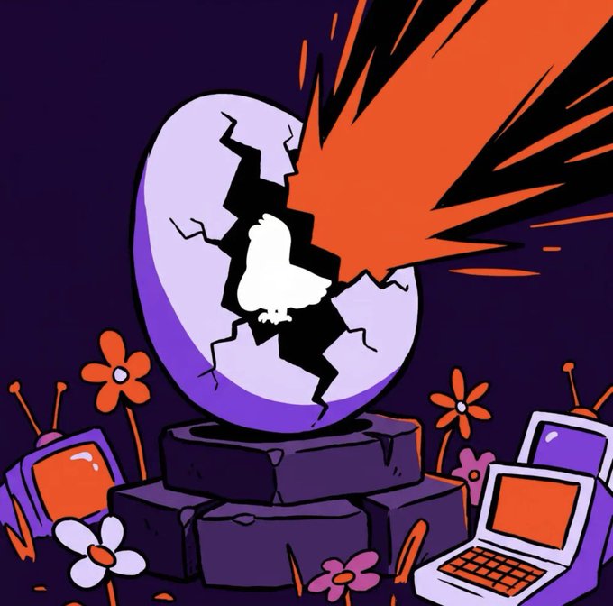 The image depicts a cracked purple and white egg on a stone pedestal, with an orange fiery burst emerging from its top, surrounded by cartoon flowers and old-school TVs/laptops. It visually represents the post's metaphor of minting an unfinished "egg" NFT—the egg sits unhatched while the creator laments the low commissions that zap their motivation to bring the artwork to life.