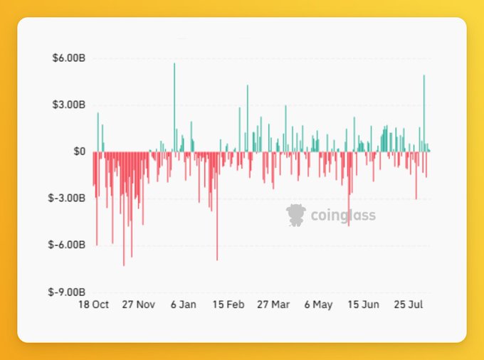 A Coinglass bar chart from late October to late July showing cryptocurrency liquidation values ranging from -$9.00B to $6.00B, with green positive bars and red negative bars.