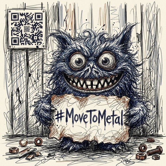 A sketch of a wild, blue furry monster with large teeth holding a sign that reads "#MoveToMetal," with a QR code in the corner.