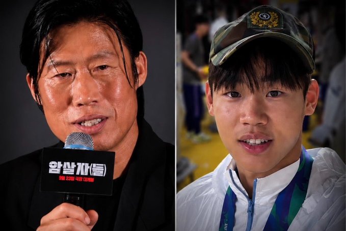 The image shows a side-by-side comparison of two men: on the left, actor Lee Soon-jae appearing at a film event with a microphone displaying the Korean text "압살개들" (a film title), and on the right, a young man in a cap and athletic jacket wearing what appears to be an Olympic medal around his neck. The juxtaposition visually contrasts the defense celebrities receive when criticized versus the backlash faced by the archery athlete (likely Kim Je-deok, a 2020 Tokyo Olympics gold medalist) for his controversial social media posts, as referenced in the accompanying text.