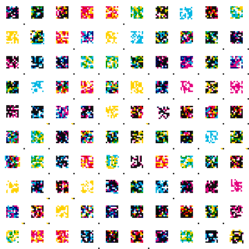 A grid of colorful pixelated icons resembling small figures or creatures in various colors on a white background.