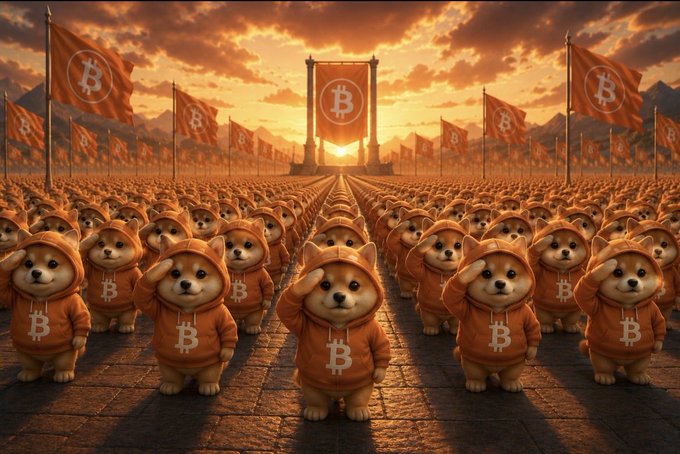 The image features a large group of dogs wearing hoodies with the word "B" printed on them. The dogs are standing next to each other, all facing the same direction as if they're following orders or participating in an event. There is also a banner visible in the background that says "$DOG Army Huge respect to @Cryptolution Day after day, he keeps defending our cause, sharing his thoughts, and spreading awareness without ever getting tired." The dogs are positioned on a street with buildings in the background, giving the impression of a city setting.