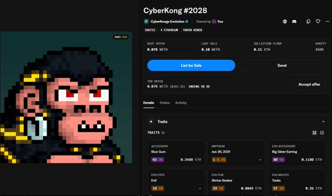 An NFT marketplace listing for 'CyberKongz #2028' (ERC721, Token #2028) showing a pixel-art gorilla with traits like Blue Gum, Evil eyes, Tusks, Big Silver Earring, and Divine Smoker, priced at 0.076 ETH.