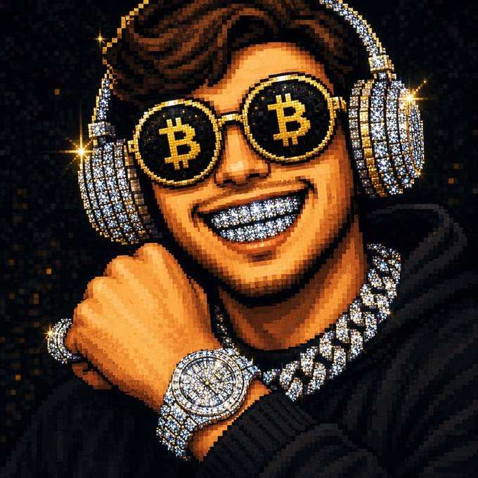 A pixel art portrait of a smiling man wearing diamond-studded sunglasses featuring the Bitcoin logo, a diamond chain, and a luxury watch.