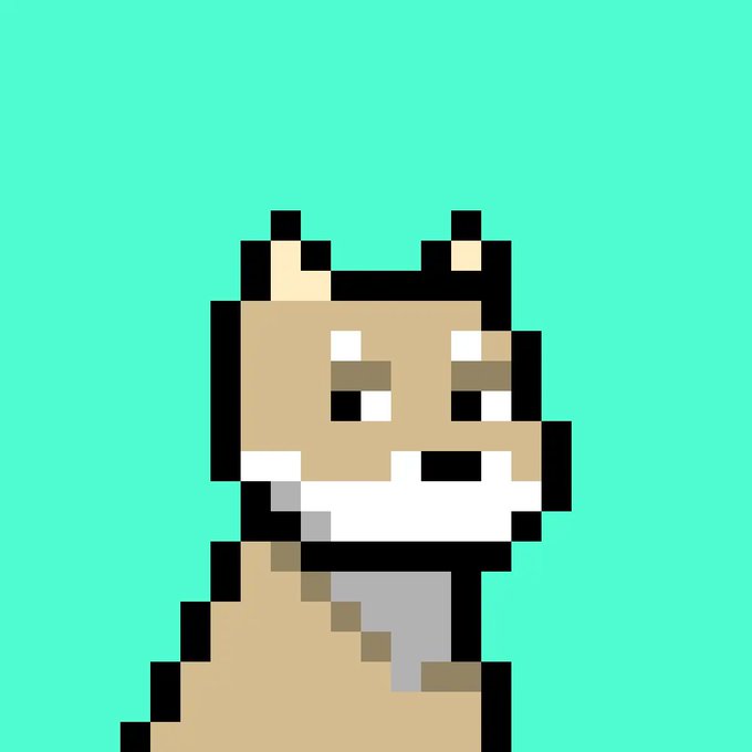 A pixel art illustration of a tan-colored cat or fox-like character with a white muzzle and collar, set against a solid teal/green background.