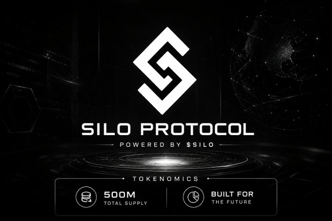 A promotional graphic for 'SILO PROTOCOL' featuring a stylized S logo, noting it is 'POWERED BY $SILO' with '500M TOTAL SUPPLY' and 'BUILT FOR THE FUTURE.'