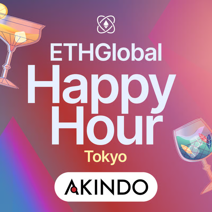 A promotional graphic for 'ETHGlobal Happy Hour Tokyo' featuring colorful cocktail glass illustrations and the 'AKINDO' logo against a pink and purple gradient background.