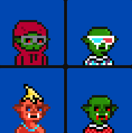 Four pixel art characters arranged in a grid on a blue background: one in a red hood with goggles, one with green skin and goggles, one with orange skin and horns, and a green-skinned character with red eyes.