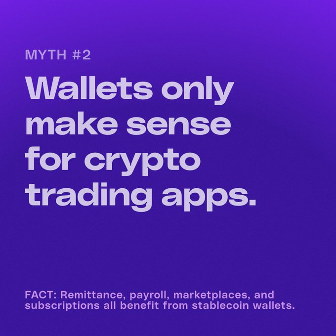 The image debunks "MYTH #2" with a purple gradient background, stating "Wallets only make sense for crypto trading apps." and countering with "FACT: Remittance, payroll, marketplaces, and subscriptions all benefit from stablecoin wallets."