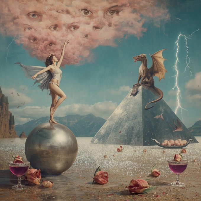 A surreal fantasy artwork depicting a woman in white standing on a metallic sphere reaching toward a cloud filled with disembodied eyes, facing a dragon perched on a pyramid, with lightning, pink flowers, and wine glasses in the foreground.