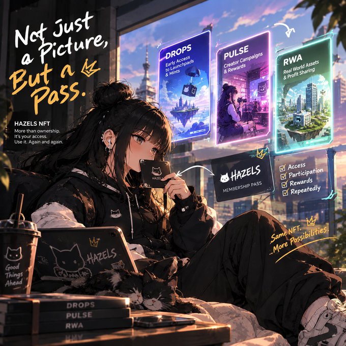 An anime-style promotional graphic for HAZELS NFT featuring a girl with a cat holding a membership pass, advertising features like DROPS, PULSE, and RWA with the tagline 'Not Just a Picture, But a Pass.'