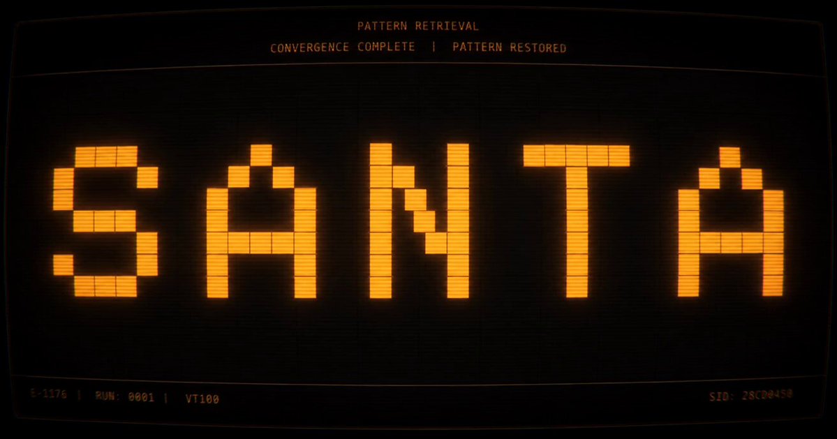 The image features a large, illuminated screen with the word "Santa" written across it in bright orange letters. The text appears to be in a foreign language or code-based format, which might suggest that this is an advertisement for a product or service related to Santa Claus retrieval patterns.
