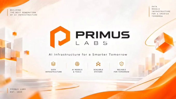 A promotional graphic for Primus Labs, an AI infrastructure company established in 2024, featuring the company logo and tagline 'AI Infrastructure for a Smarter Tomorrow' alongside icons for Data Infrastructure, AI Models & Tools, Scalable Systems, and Reliable for Tomorrow.
