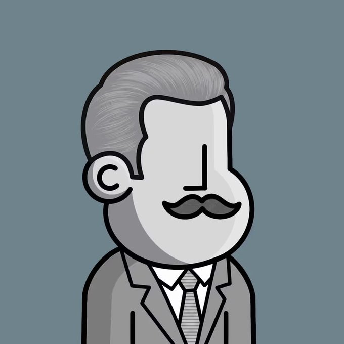 A grayscale cartoon illustration of a distinguished gentleman with slicked-back gray hair, a curled mustache, and a suit and tie.