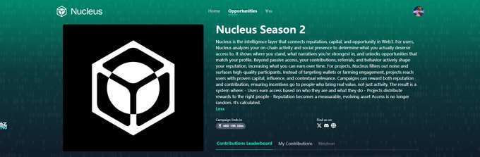 A webpage for 'Nucleus Season 2' on Nucleus, describing an intelligence layer for web3 with contribution metrics.