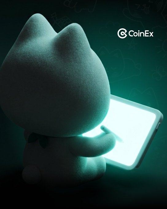 A CoinEx promotional image featuring a stylized white cat figurine looking at a glowing tablet screen in a dark, teal-lit setting.