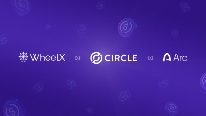 The image features a purple background with white text that reads "WheelX, Circle, Arc, ARA" arranged vertically across the frame. The text also includes mentions of "wheeled", "circle", and "@arc". This suggests that these companies are collaborating or supporting each other in some way.