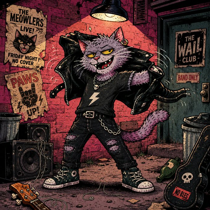 An anthropomorphic punk cat in a leather jacket and chain stands outside a venue advertising "THE MEOWLERS LIVE! FRIDAY NIGHT! NO COVER" and "THE WALL CLUB BAND ONLY," surrounded by broken guitars, speakers, and a "NO BLES" sticker—visually embodying the raw, rebellious "no polish" spirit of the FURAGE project on Pump/Solana.