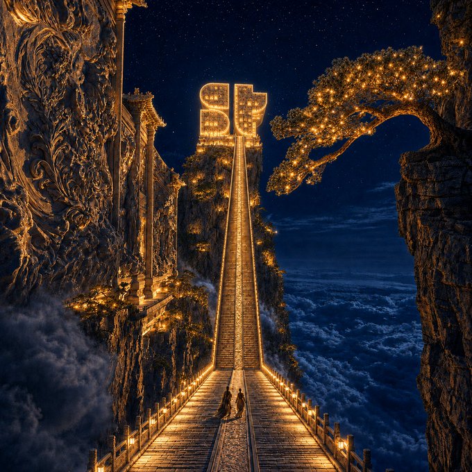 A fantasy digital artwork depicting a glowing golden bridge suspended above the clouds at night, leading to a cliff with illuminated 'BF' letters and a lit-up tree.
