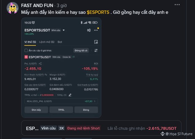 A Facebook post by 'FAST AND FUN' shows a crypto trading position in $ESPORTS/USDT (Vietnam market) with a -105.19% ROI, -2,455.10 PnL, and an unrealized loss of -2,615.78 USDT on a short position.
