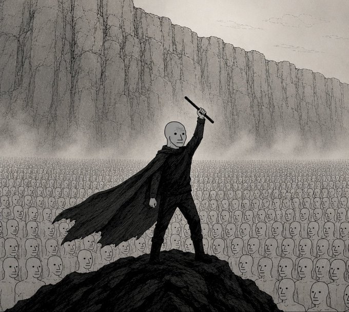 A black and white illustration shows a masked, caped figure standing on a mound holding up a baton, facing a vast crowd of identical faceless onlookers below a cliff.