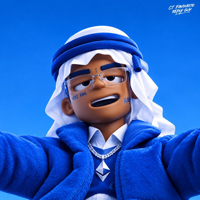 A 3D-rendered cartoon character wearing a blue and white keffiyeh, glasses, and a blue jacket with an Ethereum necklace, featuring 'VERY RARE' face tattoos and 'CT FAVOURITE REPLY GUY' text in the corner.