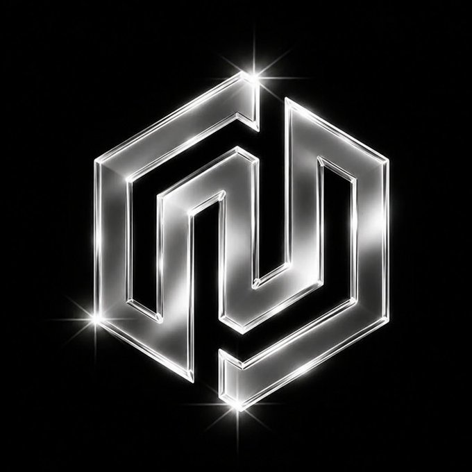 A glowing metallic logo featuring an interlocking "N" and "G" inside a hexagonal frame is displayed on a black background, representing the stylized "GM" monogram. The silver emblem emits bright light flares at its top, bottom-left, and bottom-center points, giving it a polished, high-tech appearance.