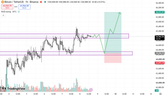 A Bitcoin/TetherUS (BTC) TradingView chart on the 1-hour timeframe showing a current price of 64,966.00, with technical analysis drawing support and resistance zones marked in purple and a predicted price movement shown by green arrows.