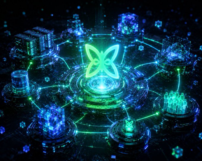 The image features an abstract representation of a network with various elements, including cubes and other objects that are connected by lines or tubes. The network appears to be floating in space, surrounded by blue lights. The main focus of the image is a green butterfly-like symbol positioned at the center, surrounded by these elements. The caption provided connects this central element to the post about networks and incentives, suggesting that the butterfly symbol represents the idea of coordination within a network or system.