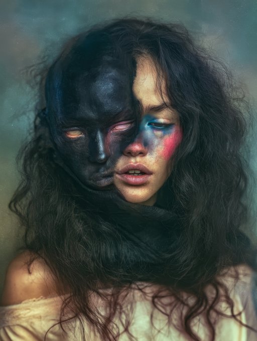 An artistic portrait of a woman with half her face painted in black, featuring colorful eye makeup in pink and blue tones.