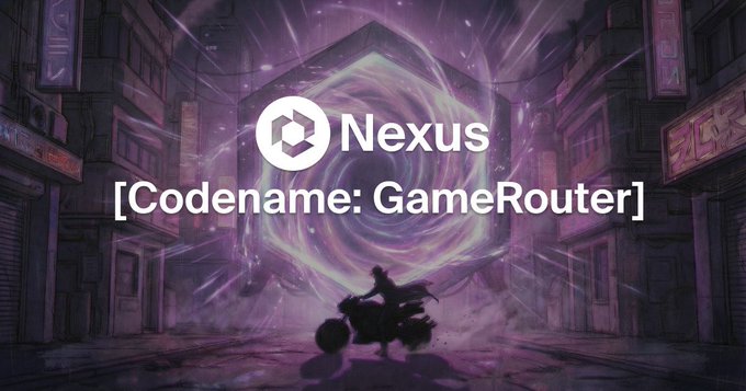 A silhouetted figure on a motorcycle faces a swirling purple portal in a neon-lit city street, with the Nexus logo and "[Codename: GameRouter]" overlaid. The portal imagery visually conveys the concept of Nexus as a gateway, reinforcing the post's message of a unified entry point for game-development tools.