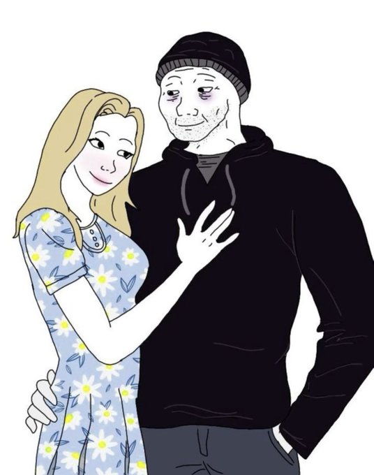 A cartoon woman in a blue floral dress affectionately touches the chest of a "Wojak" character—a stylized figure with a stubbly chin and beanie—paired with text celebrating the iconic Wojak/tradwife duo and promoting the $WOJAK token on Ethereum.