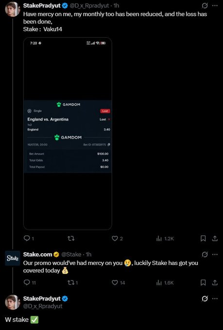 The image shows a tweet from @D_x_Rpradyut displaying a GAMDOM betting slip for "England vs. Argentina" (Full Time Result, England) with a $100 bet that resulted in a loss despite a stake ID "Vakurl4" and balance "SOL" referenced. Stake.com replies offering mercy, and the user confirms "W stake ✅" — illustrating the post's point about being saved by the bookie not paying out on the first goal during England vs. Argentina.