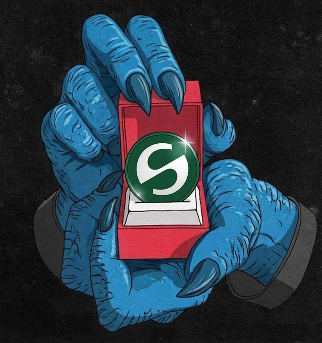 An illustration shows blue, clawed monster hands holding an open red ring box that contains a large green gem with a white "S" logo on it.