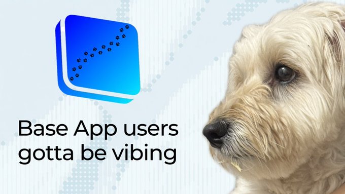 A promotional graphic showing the Base App logo alongside a portrait of a fluffy cream-colored dog, with the text "Base App users gotta be vibing" — illustrating the post's invitation for Base App users to share their wallet addresses or basenames to receive $VIBE B20 tokens.