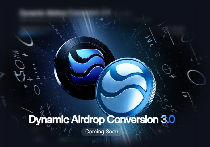 The image shows two stylized blue and black coins featuring a wave logo, with the text "Dynamic Airdrop Conversion 3.0" and "Coming Soon" displayed against a dark, digital-themed background with floating numbers and symbols. This teaser graphic relates to the post by highlighting an upcoming feature that likely ties into the project's airdrop strategy and Omni-CDP mechanism, suggesting that the daily point accumulation campaign will soon have an enhanced conversion system.